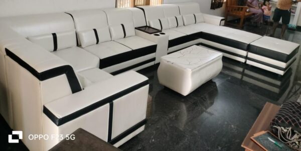 Taxzek Modern Living Room U Shape Penguine Sofa Set, White and Black, LHS Facing,with Coffee Table, Lounger, Armrest, Back Cushion Pillows, Wooden Snack Space - Image 2