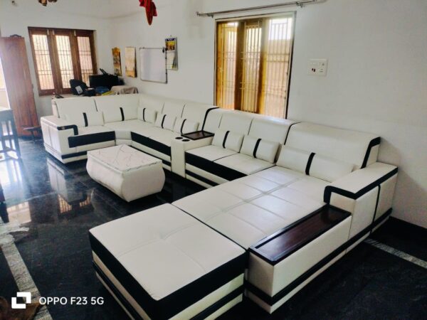 Taxzek Modern Living Room U Shape Penguine Sofa Set, White and Black, LHS Facing,with Coffee Table, Lounger, Armrest, Back Cushion Pillows, Wooden Snack Space - Image 3