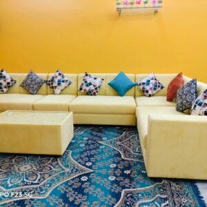 Taxzek L-Shape Modern sectional 8 Seater Yellow Sofa with Centre Table, Throw Pillows