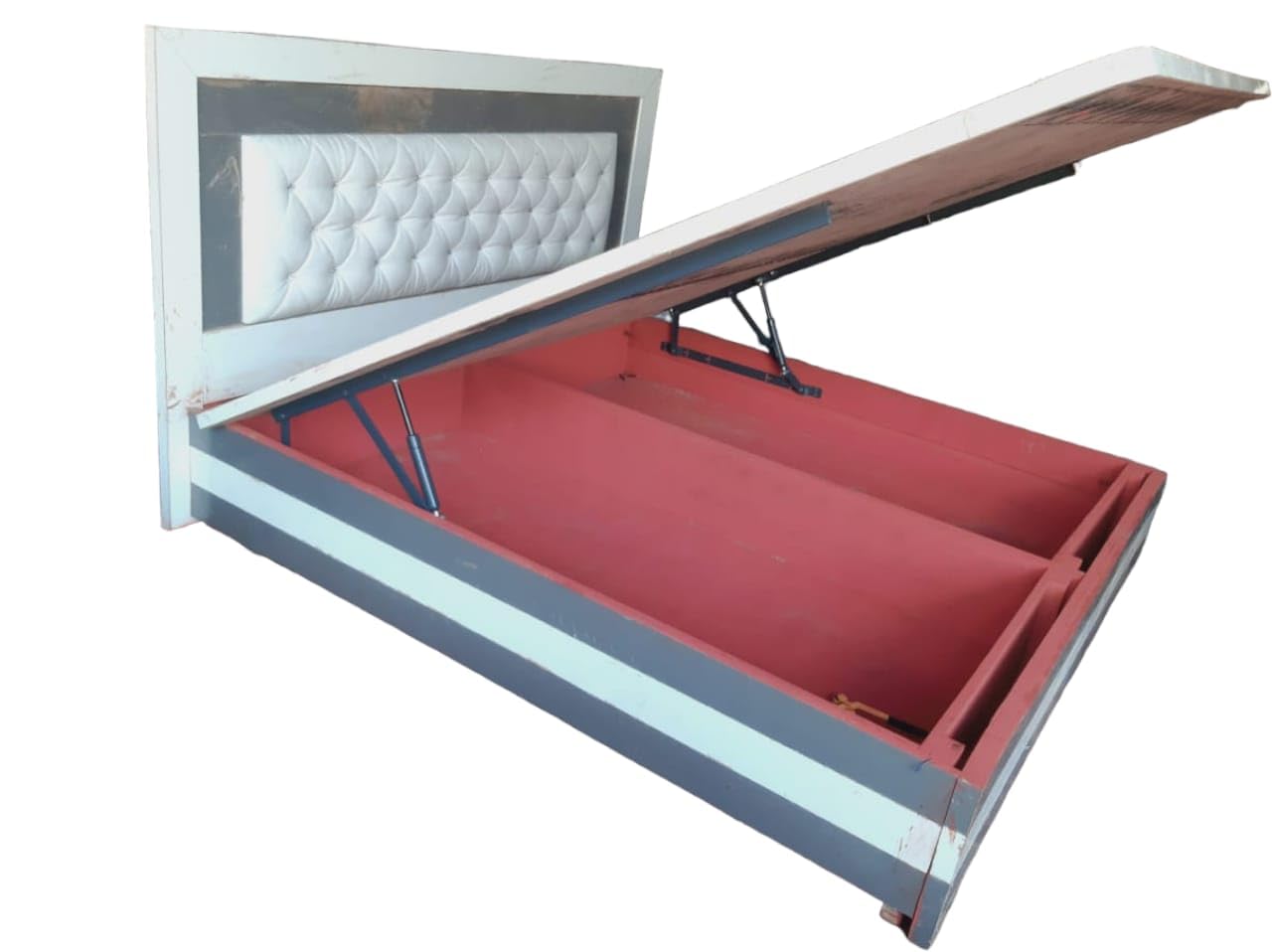 Taxzek King Size Bed with Storage, Beautiful Headrest, White+ Grey