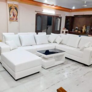 Taxzek U-Shape White Sofa with arm Rest Head Rest and Center Table Luxury Living Room Furniture Set with Chaise Lounge Chair and Ottoman, White