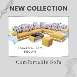 Taxzek Cream Brown U Shape 10-11 headrest Seater with Storage armrest and Storage Centre Table top Black Glass and 8 Different stylished Printed Pillows