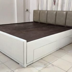 Taxzek White + Grey King Size Bed with 2 Rectangular Storage Drawers and Grey Soft Upholstered Headboard