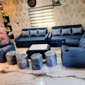 Taxzek 3+3 Sofa Cum Bed 1+1 Recliner Single Chairs with Center Table and 4 stools (Leather Combo Set with Blue Colour Style) Furniture Living Room Sofa Set - Sectional Sofas, Loveseats, Recliners