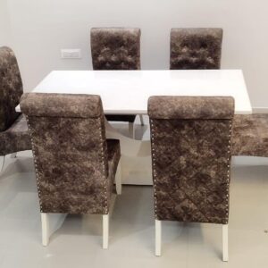 Taxzek Umber Brown Button Tufted six-Seater Dining Set U Shape Off White Wooden Base with Polyster Coating Off White Marble top