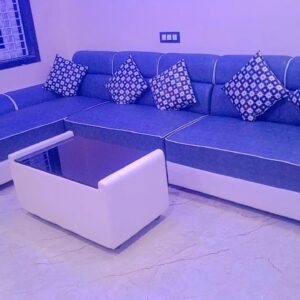 Taxzek Modern L-Shaped Sectional Sofa Set with 6 Throw Pillows, Blue and White, Corner Design with Center Table