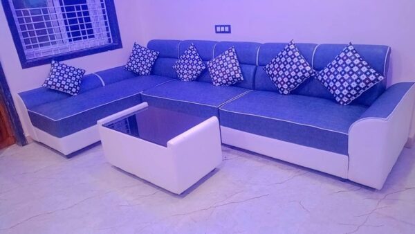 Taxzek Modern L-Shaped Sectional Sofa Set with 6 Throw Pillows, Blue and White, Corner Design with Center Table