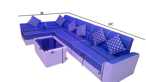 Taxzek Modern L-Shaped Sectional Sofa Set with 6 Throw Pillows, Blue and White, Corner Design with Center Table - Image 3