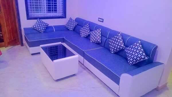 Taxzek Modern L-Shaped Sectional Sofa Set with 6 Throw Pillows, Blue and White, Corner Design with Center Table - Image 4