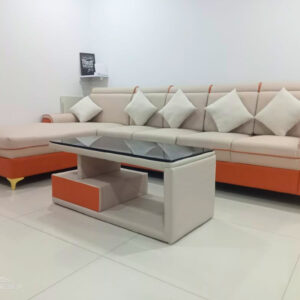 TAXZEK Modern L-Shaped Sectional Sofa Set with Glass Centre Table| 4-Seater| with Chaise Lounger| Cream and Orange| SS Golden legs