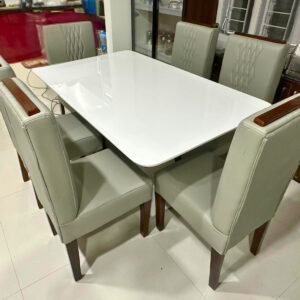 TAXZEK Modern 6 Seater Dining Set| White Marble Top Table| Grey Upholstered Chairs| with Wooden polish Legs.