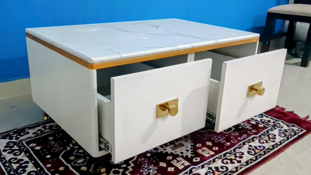 Taxzek Centre Table with Drawers, Modern Sleek Style White Coffee, Tea Table (White and Golden)