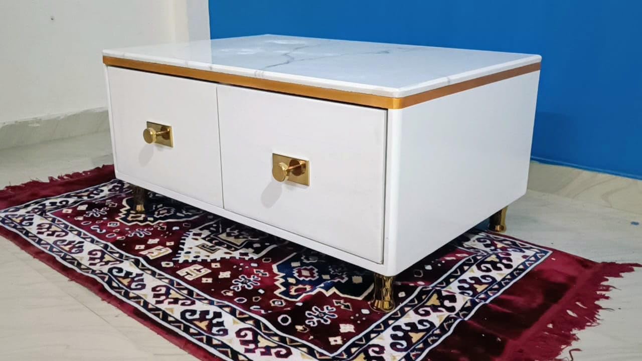 Taxzek Centre Table with Drawers, Modern Sleek Style White Coffee, Tea Table (White and Golden) - Image 2