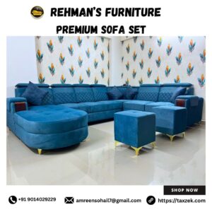 TAXZEK  6-Seater U-Shaped Sofa Set, Blue Breathable Fabric, Quilted Design, Adjustable Headrest, Golden Steel Legs