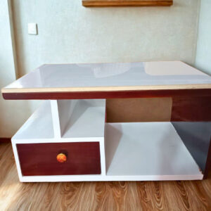 Taxzek Modern Coffee Table with Storage Drawer, White and Red Cherry Polish, Marble Top, Rectangular Shape