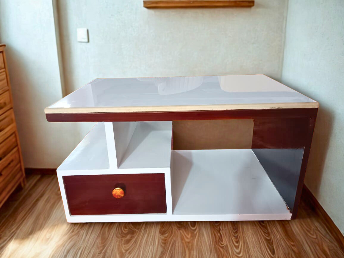 Taxzek Modern Coffee Table with Storage Drawer, White and Red Cherry Polish, Marble Top, Rectangular Shape