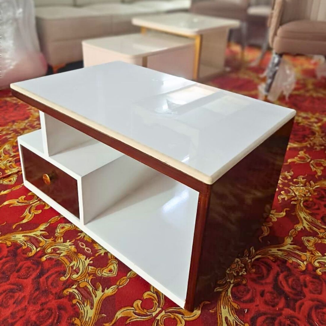 Taxzek Modern Coffee Table with Storage Drawer, White and Red Cherry Polish, Marble Top, Rectangular Shape - Image 4