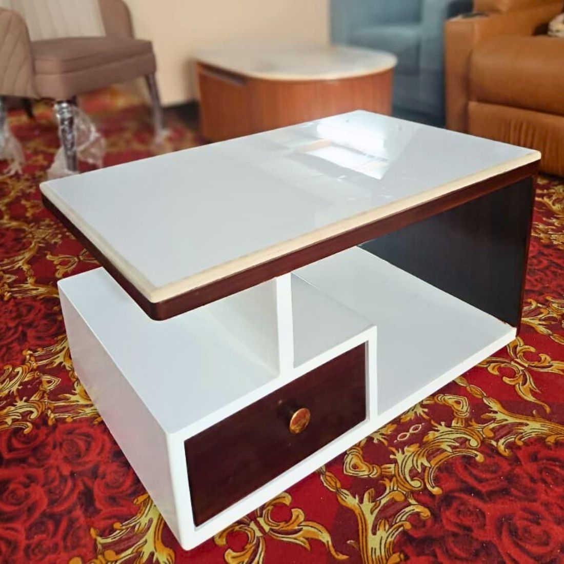 Taxzek Modern Coffee Table with Storage Drawer, White and Red Cherry Polish, Marble Top, Rectangular Shape - Image 3