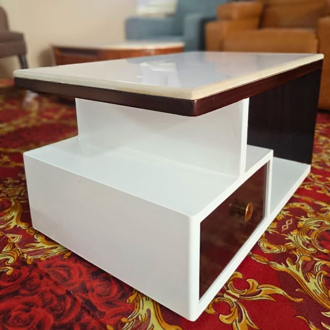 Taxzek Modern Coffee Table with Storage Drawer, White and Red Cherry Polish, Marble Top, Rectangular Shape - Image 5
