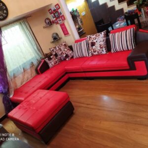 Taxzek L-Shape Wooden Sofa with Center Table (Leatherate) (Large L-429, W-81, H-86) (Cherry red)