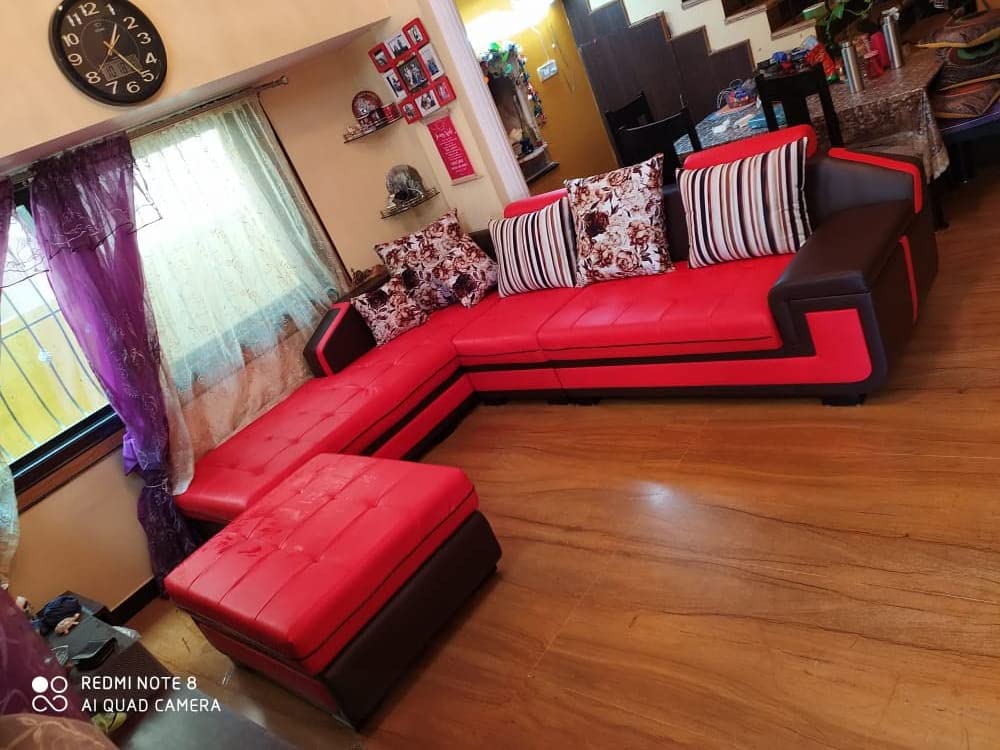 Taxzek L-Shape Wooden Sofa with Center Table (Leatherate) (Large L-429, W-81, H-86) (Cherry red)