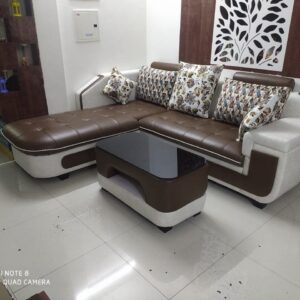 Taxzek L-Shape Wooden Sofa with Center Table (Leatherate) (Large L-429, W-81, H-86) (Chocolate Brown)