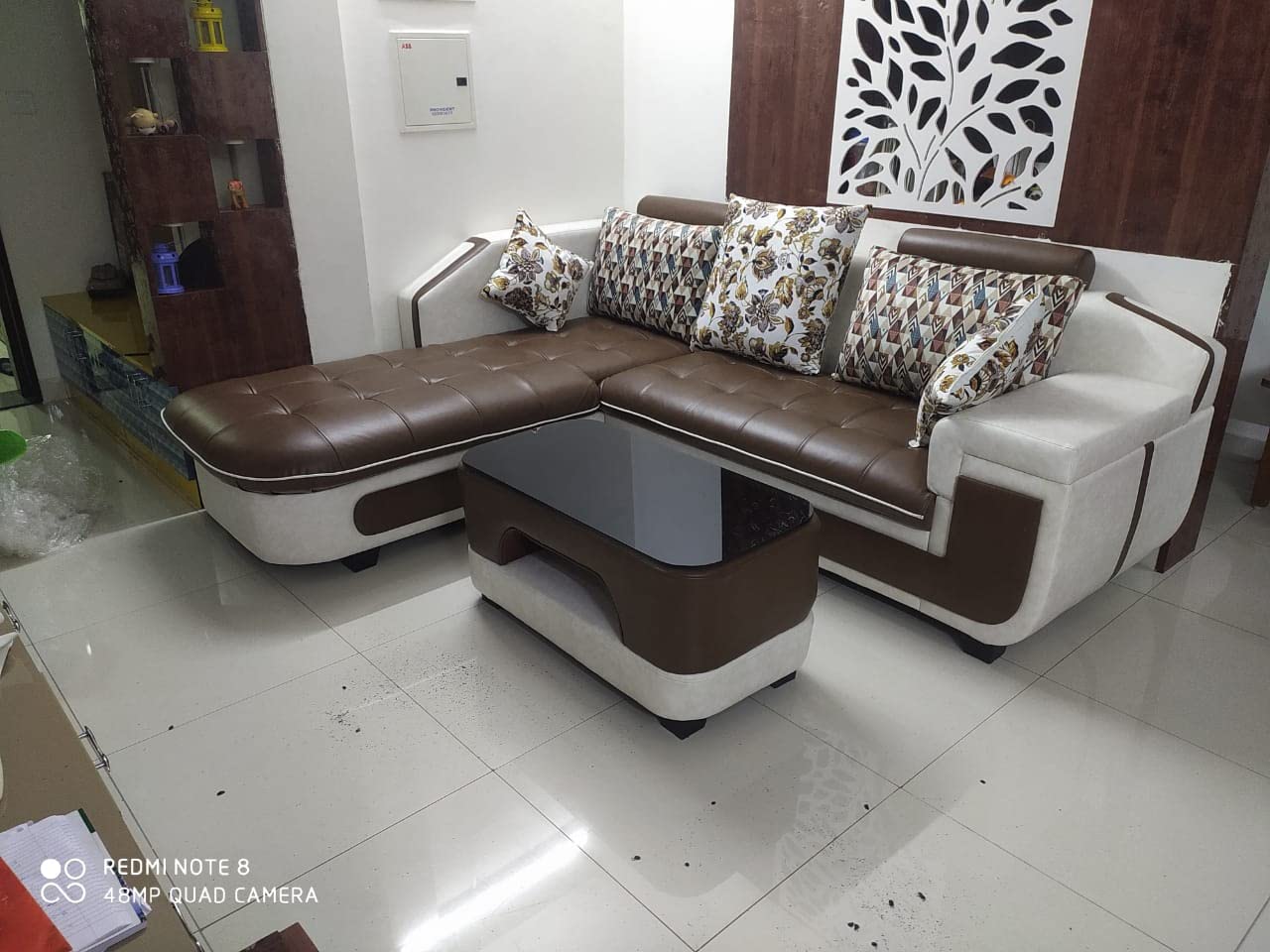 Taxzek L-Shape Wooden Sofa with Center Table (Leatherate) (Large L-429, W-81, H-86) (Chocolate Brown)