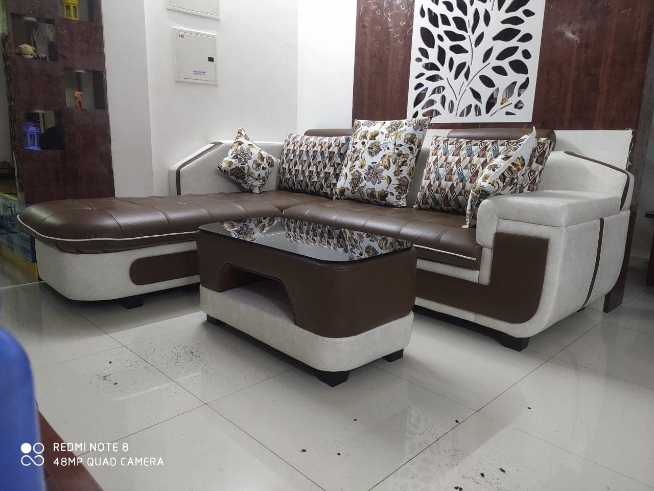 Taxzek L-Shape Wooden Sofa with Center Table (Leatherate) (Large L-429, W-81, H-86) (Chocolate Brown) - Image 3