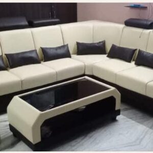 Taxzek Diamand Handle Living Room 7 Seater Sofa Set with Center Table and Stools Large Size (Leather) (Beige)