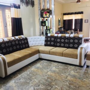 Taxzek Diamand Stitched Living Room 7 Seater Sofa Set Large Size(Leather with Half Velvet) (Tortilla Beige)