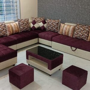 Taxzek Pine Wood Body Sectional 8 Seater Sofa-Lounger with Throw Pillow+Center Table (351D x 60W x 60H Centimeters, (Garnet and Beige).