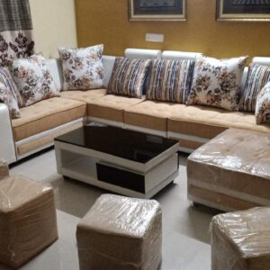 Taxzek Pine Wood Body ‎Sectional 8 Seater Sofa-Lounger with Throw Pillow+Center Table (‎300D x 60W x 60H Centimeters, White) (Beige)