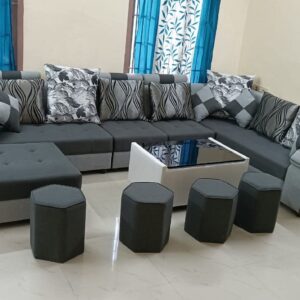 Taxzek Pine Wood Body Sectional 8 Seater Sofa-Lounger with Throw Pillow+Center Table (300D x 60W x 60H Centimeters, White) (Dark Grey)