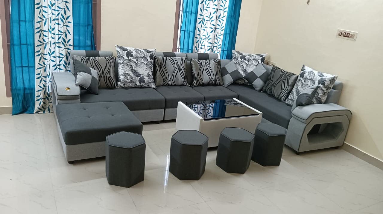 Taxzek Pine Wood Body Sectional 8 Seater Sofa-Lounger with Throw Pillow+Center Table (300D x 60W x 60H Centimeters, White) (Dark Grey)