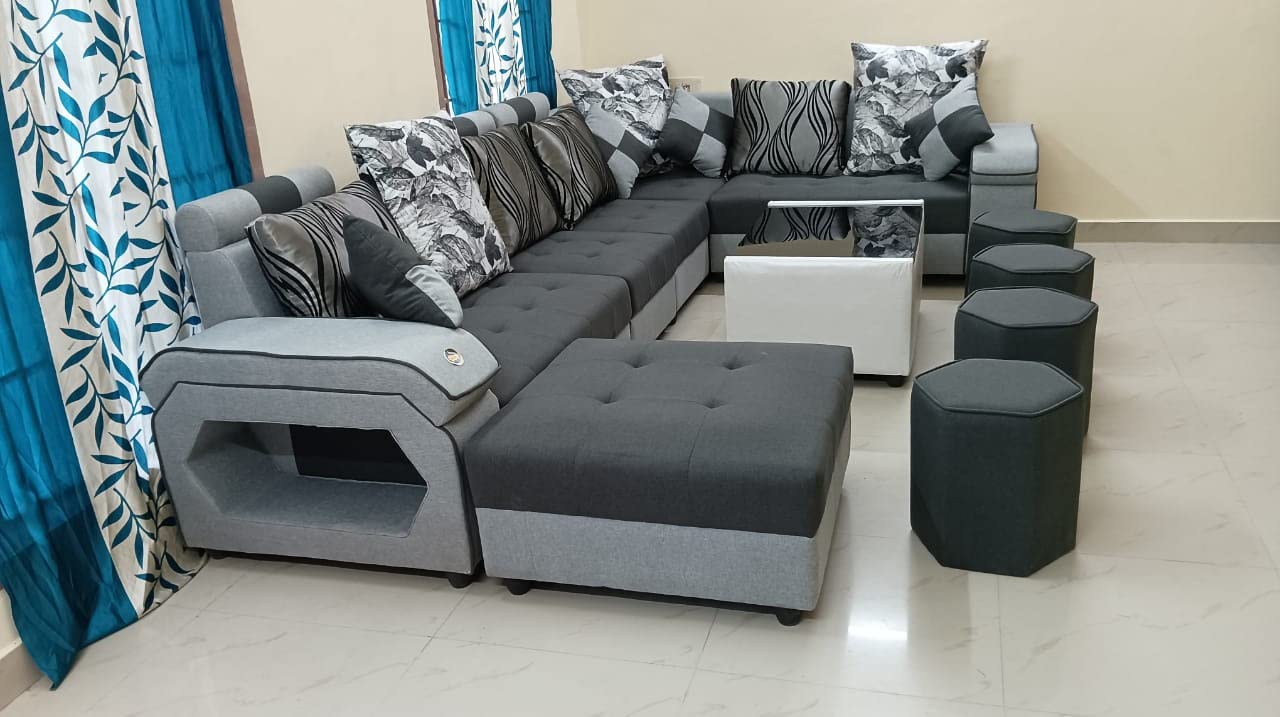 Taxzek Pine Wood Body Sectional 8 Seater Sofa-Lounger with Throw Pillow+Center Table (300D x 60W x 60H Centimeters, White) (Dark Grey) - Image 3