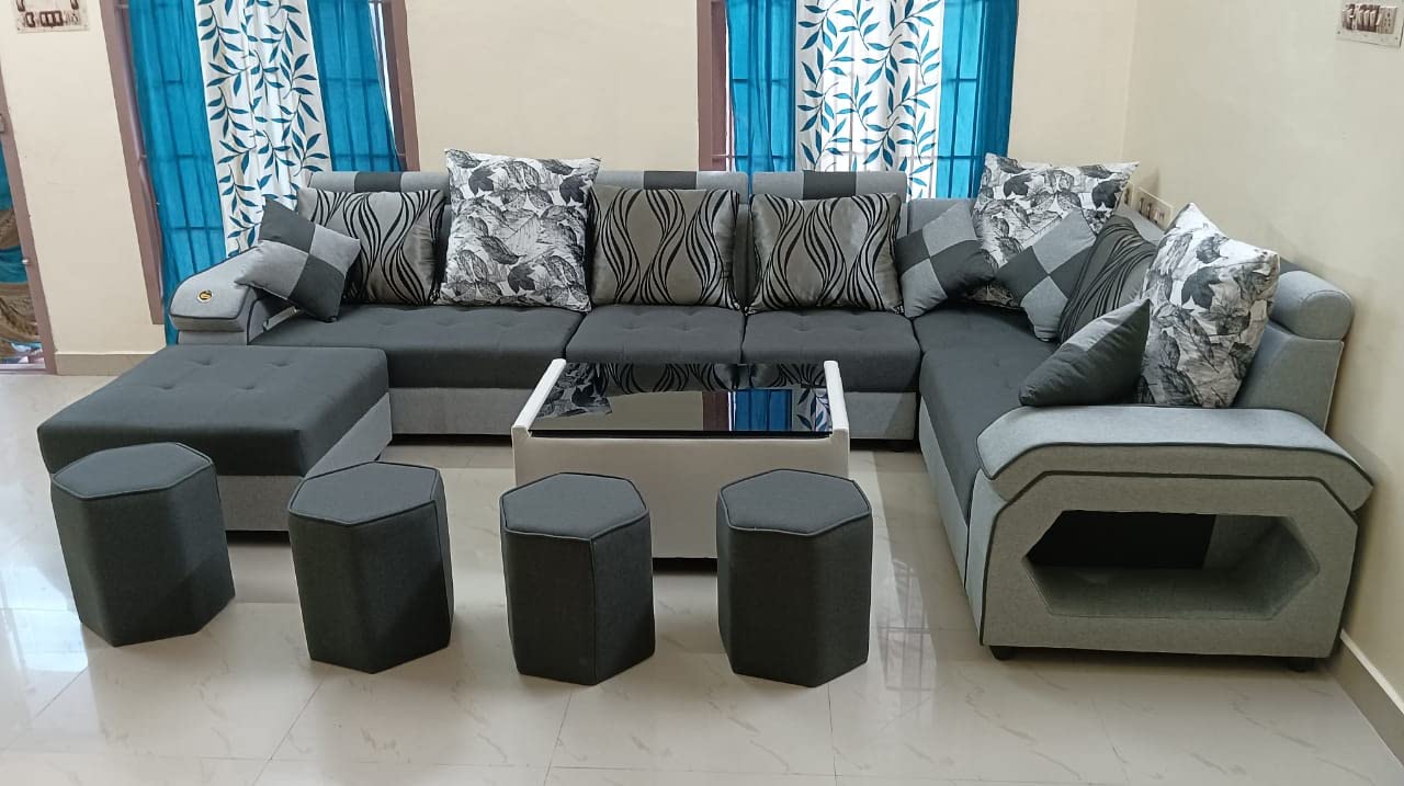 Taxzek Pine Wood Body Sectional 8 Seater Sofa-Lounger with Throw Pillow+Center Table (300D x 60W x 60H Centimeters, White) (Dark Grey) - Image 4