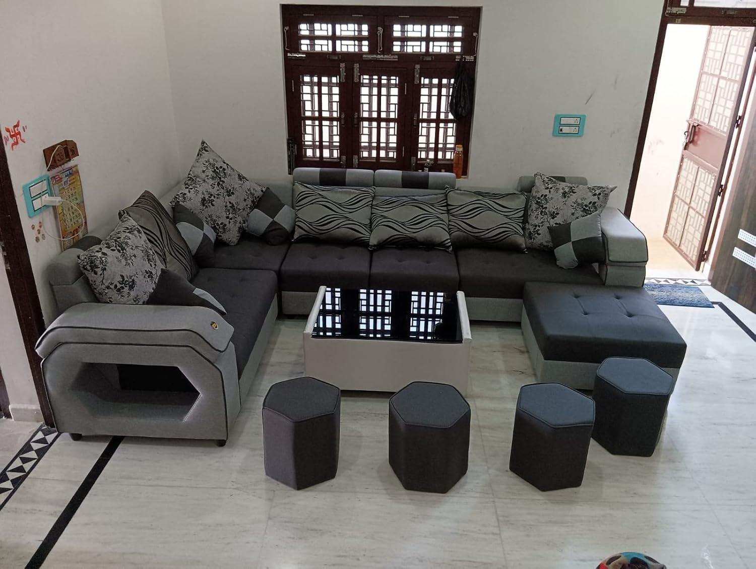 Taxzek Pine Wood Body Sectional 8 Seater Sofa-Lounger with Throw Pillow+Center Table (300D x 60W x 60H Centimeters, White) (Dark Grey) - Image 5