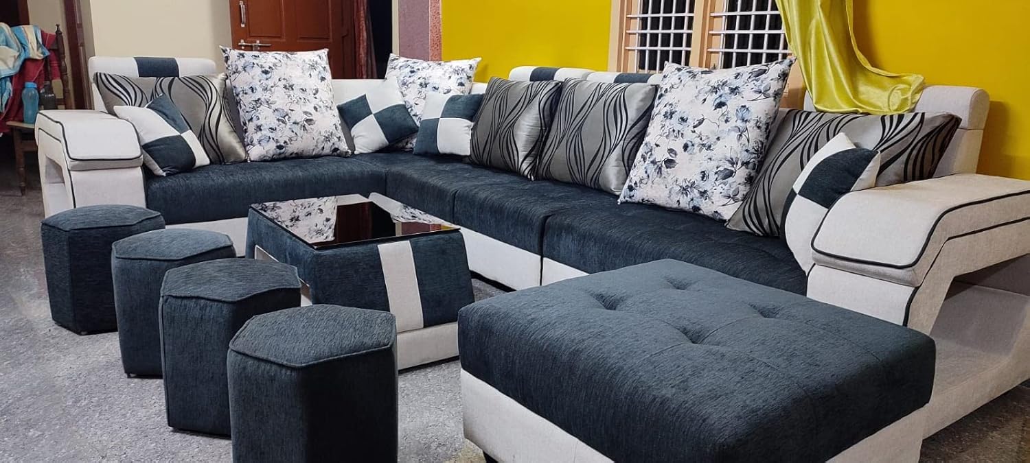 Taxzek Pine Wood Body Sectional 8 Seater Sofa-Lounger with Throw Pillow+Center Table (300D x 60W x 60H Centimeters, White) (Dark Grey) - Image 6