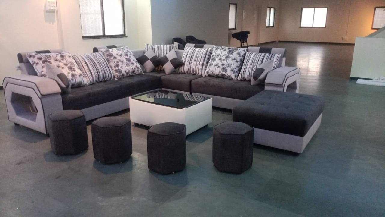 Taxzek Pine Wood Body Sectional 8 Seater Sofa-Lounger with Throw Pillow+Center Table (300D x 60W x 60H Centimeters, White) (Dark Grey) - Image 7