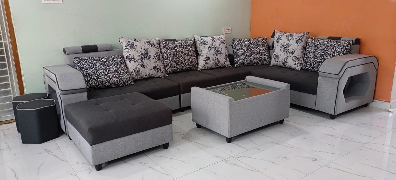 Taxzek Pine Wood Body Sectional 8 Seater Sofa-Lounger with Throw Pillow+Center Table (300D x 60W x 60H Centimeters, White) (Dark Grey) - Image 9