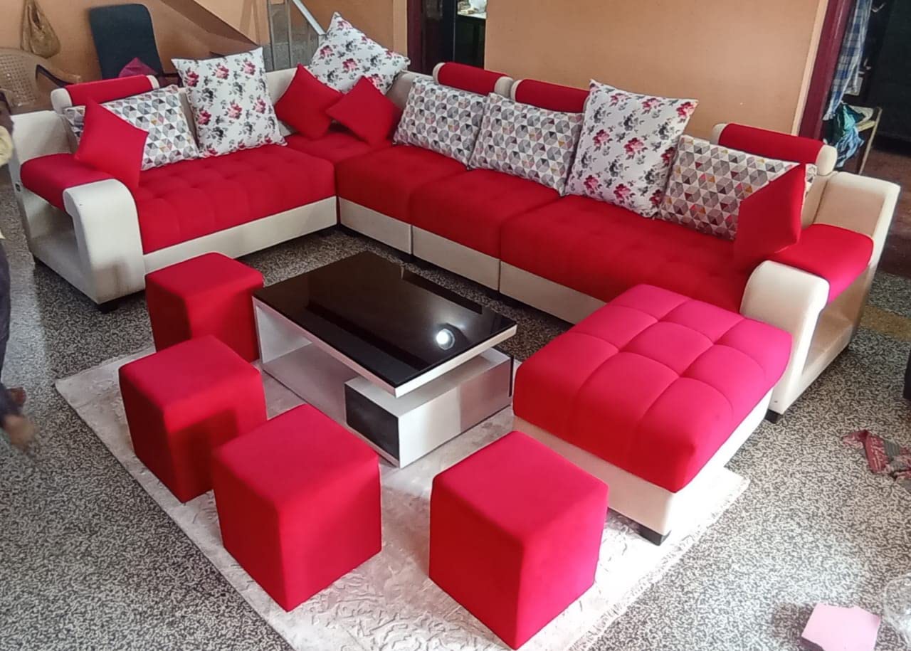 Taxzek Pine Wood Body Sectional 8 Seater Sofa-Lounger With Throw Pillow+Center Table ( 300D X 60W X 60H Centimeters, White) (Bed)