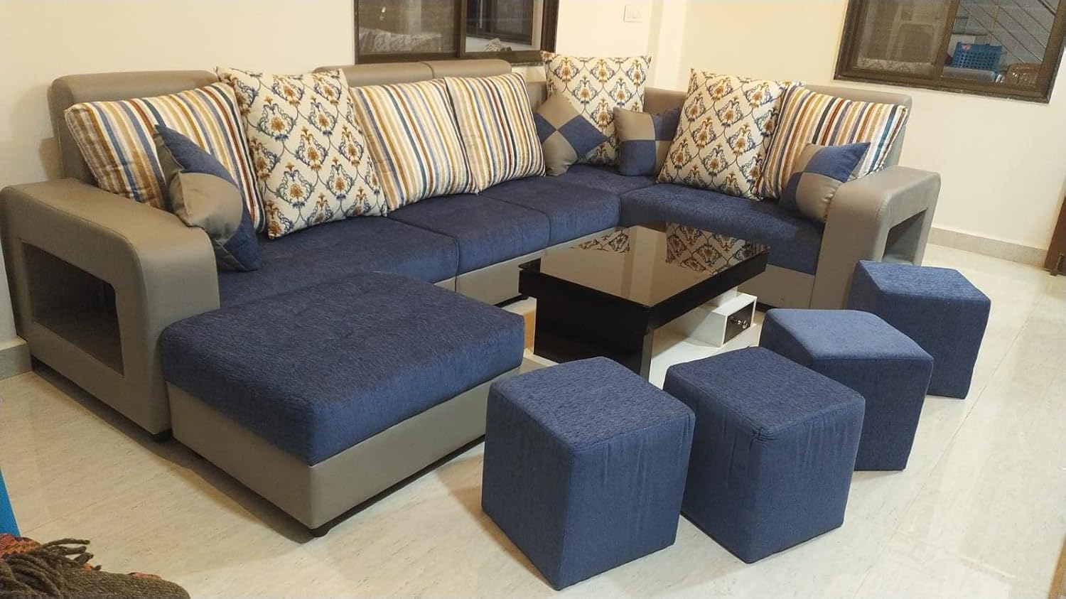 Taxzek Pine Wood Body Sectional 8 Seater Sofa-Lounger with Throw Pillow+Center Table (300D x 60W x 60H Centimeters, White) (Blue) - Image 4