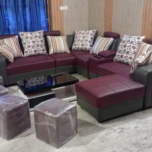 Taxzek Pine Wood Body Sectional 8 Seater Sofa-Lounger with Throw Pillow+Center Table (300D x 60W x 60H Centimeters, White) (Pink)