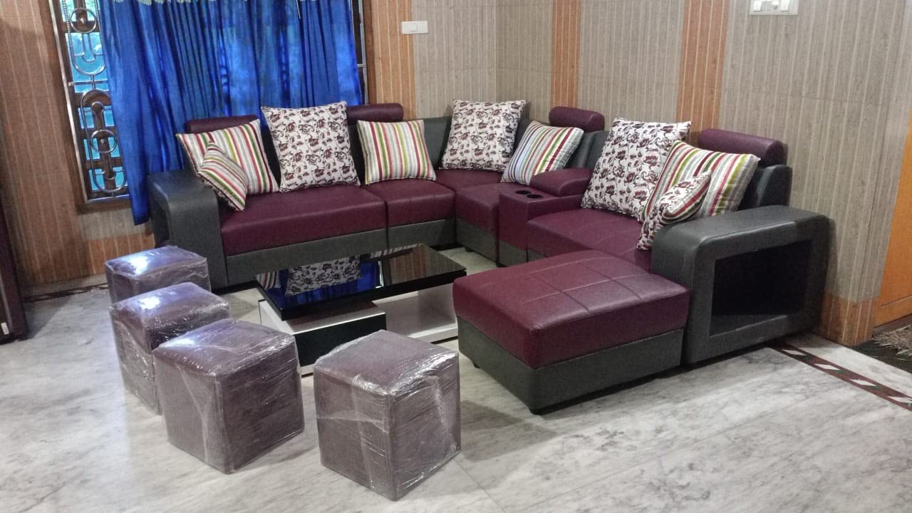 b11 Taxzek Pine Wood Body Sectional 8 Seater Sofa-Lounger with Throw Pillow+Center Table (300D x 60W x 60H Centimeters, White) (Pink)