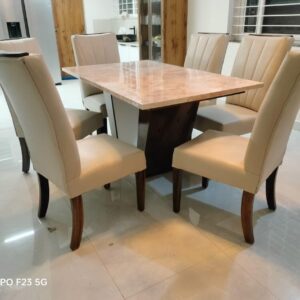 Taxzek 6 Seater Classic Dining Set with Marble top U Shape Wooden Base and Biege Leather Chairs with Tawny Polish (Biege, Tawny)