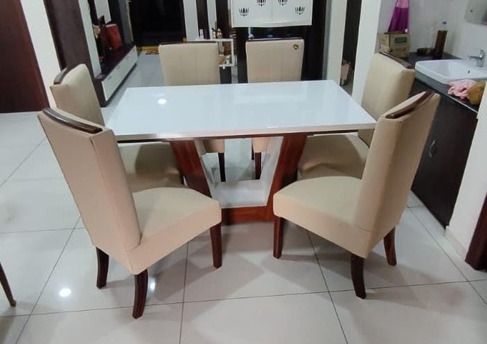 Taxzek 6 Seater Classic Dining Set with Marble top U Shape Wooden Base and Biege Leather Chairs with Tawny Polish (Biege, White) - Image 2