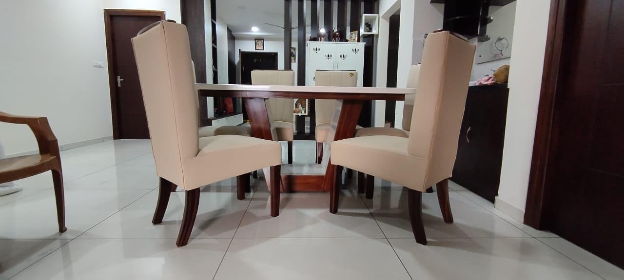 Taxzek 6 Seater Classic Dining Set with Marble top U Shape Wooden Base and Biege Leather Chairs with Tawny Polish (Biege, White) - Image 3