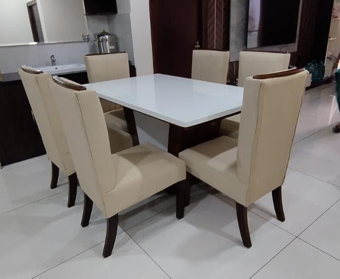 Taxzek 6 Seater Classic Dining Set with Marble top U Shape Wooden Base and Biege Leather Chairs with Tawny Polish (Biege, White) - Image 4