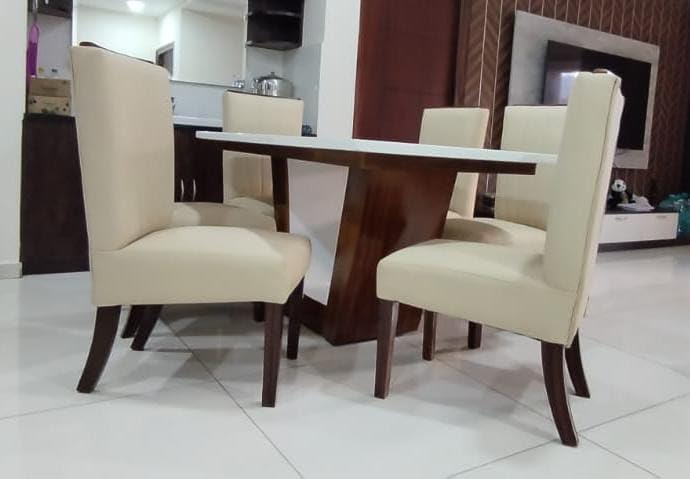 Taxzek 6 Seater Classic Dining Set with Marble top U Shape Wooden Base and Biege Leather Chairs with Tawny Polish (Biege, White) - Image 5