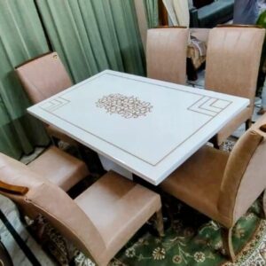 Taxzek 6 Seater Classic Dining Set with Marble top U Shape Wooden Base and Biege Leather Chairs with Tawny Polish (Wood, White)